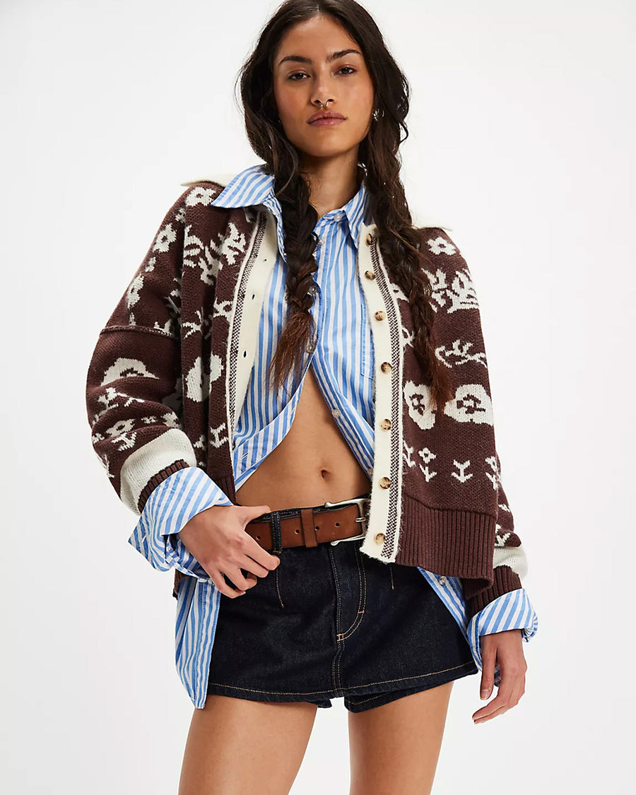 brown and cream floral cardigan with cream trim