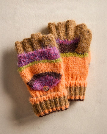orange, pink, green and brown striped gloves/mittens