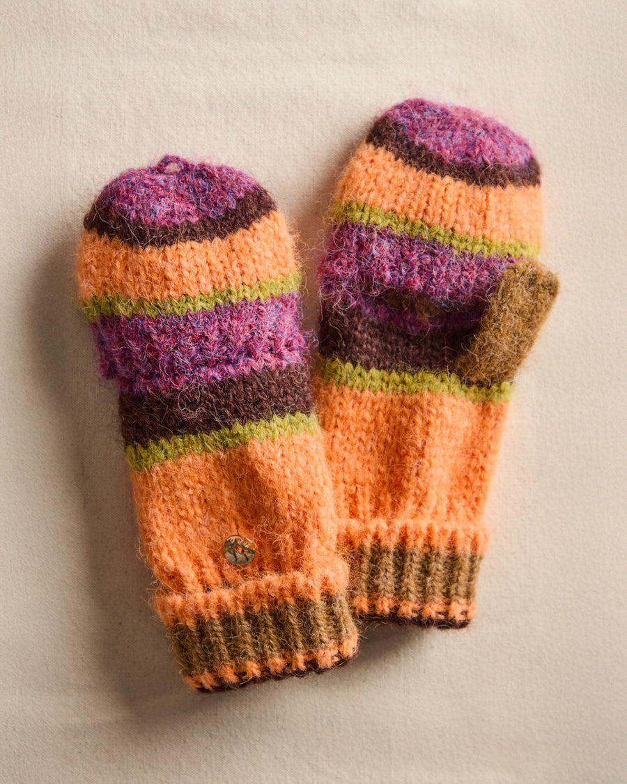 orange, pink, green and brown striped gloves/mittens folded up into mittens