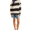model wearing black and white thick striped pullover crewneck sweatshirt