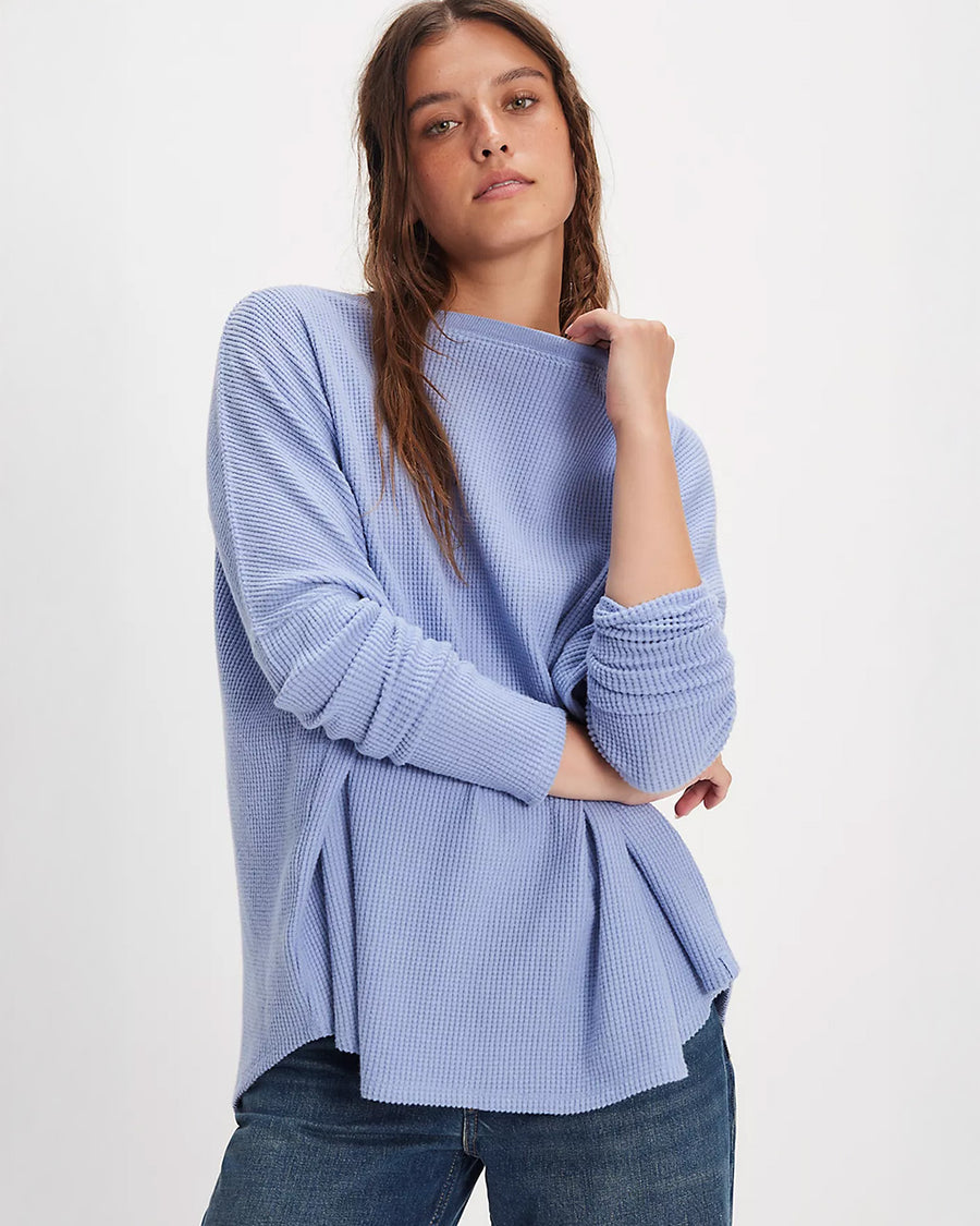 model wearing periwinkle oversized thermal top