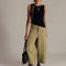model wearing aloe wide leg high rise barrel leg chino pants