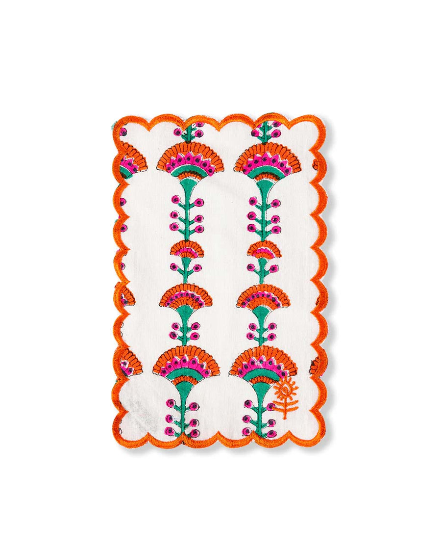 set of 6 colorful print cocktail napkins with orange embroidered scalloped edges