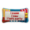 colorful striped rectangular throw pillow with 'i came, i saw, i left early' across the front