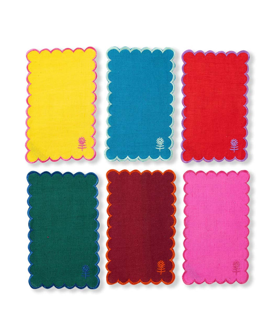 set of 6 rainbow linen cocktail napkins with scalloped edges