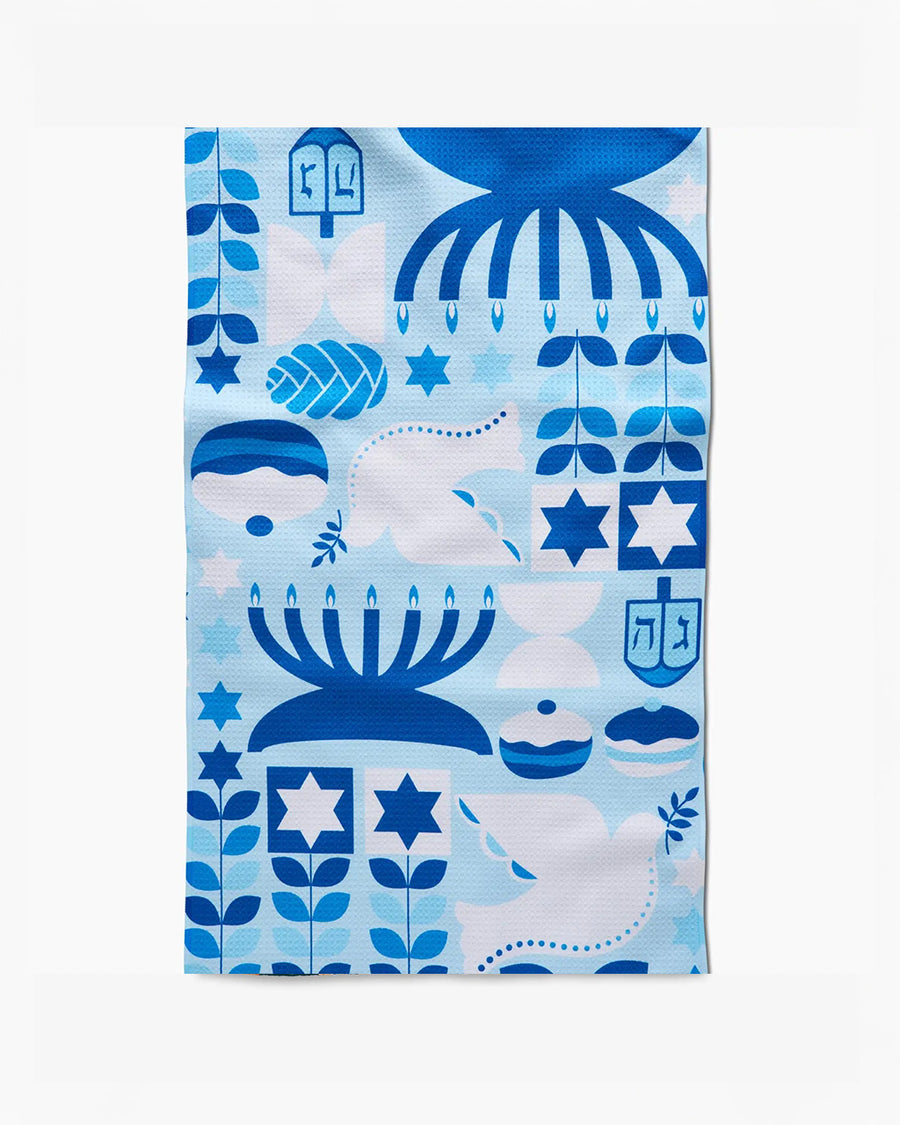 blue and white Hanukkah tea towel