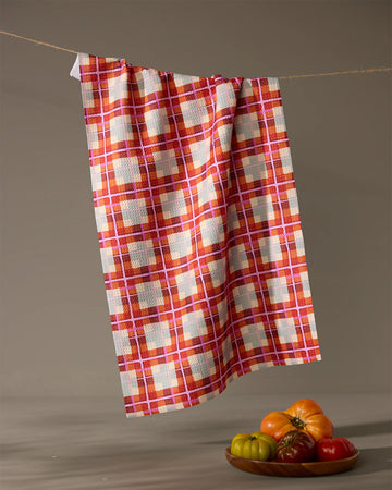 red light blue, cream and pink autumn plaid kitchen towel