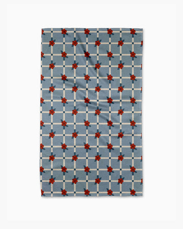 blue grid tea towel with red dainty floral print