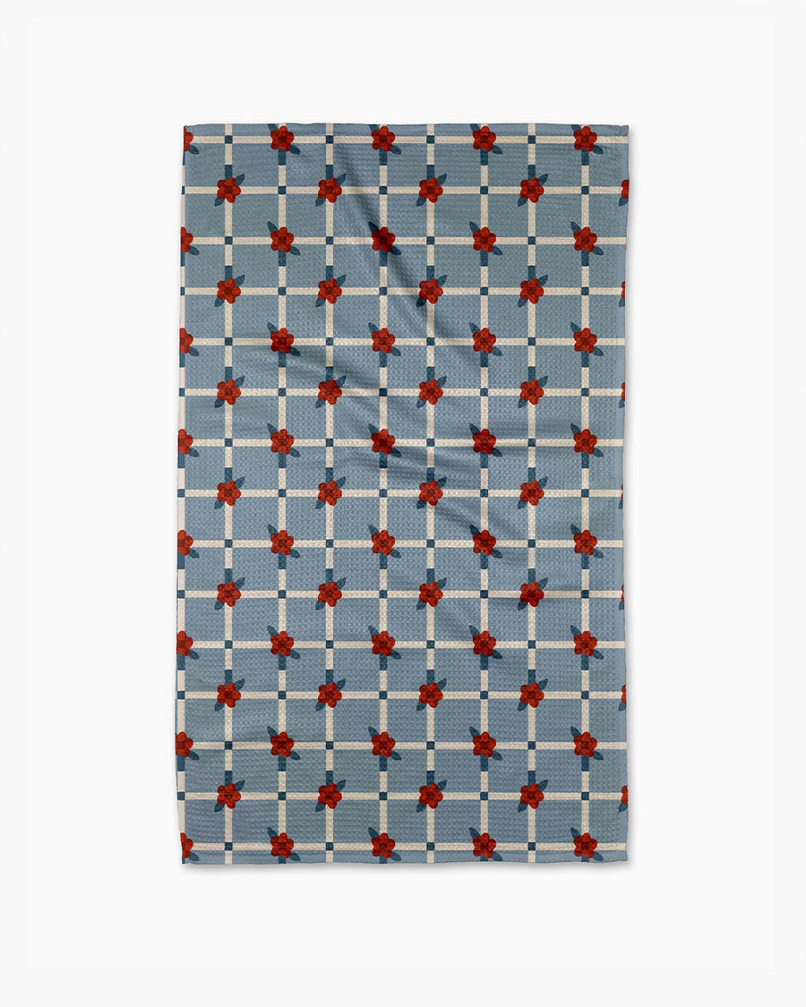 blue grid tea towel with red dainty floral print