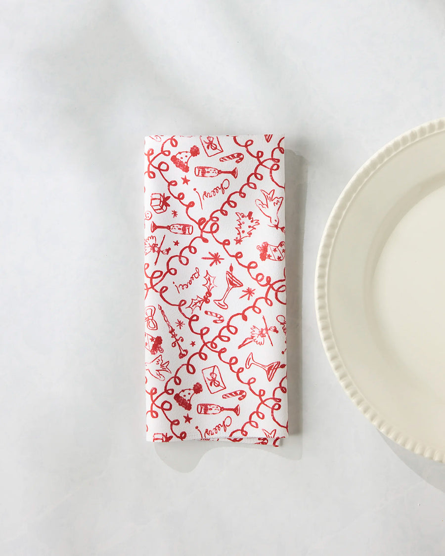 set of 6 white napkins with red holiday doodle print