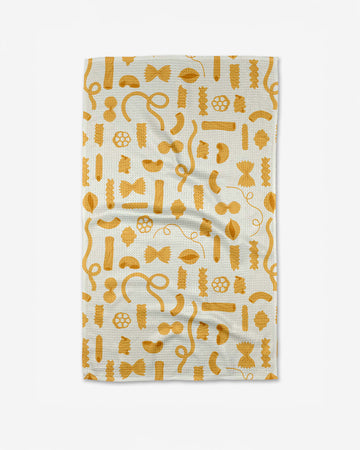 tan tea towel with all over different pasta print