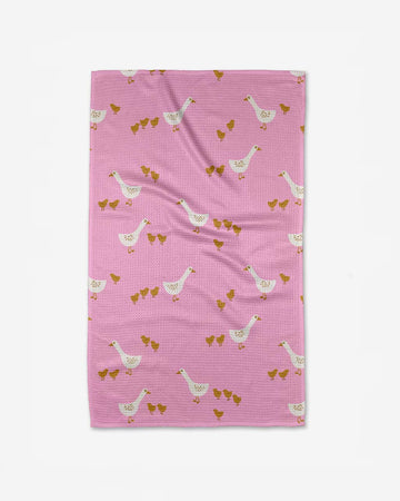 pink tea towel with all over goose print
