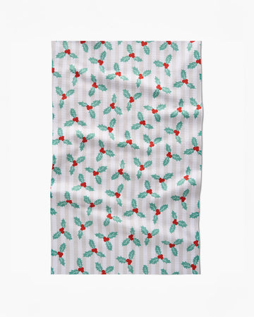 white and tan vertical stripe with mistletoe print