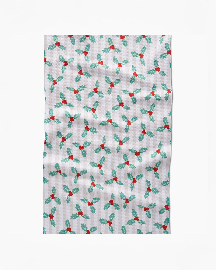 white and tan vertical stripe with mistletoe print