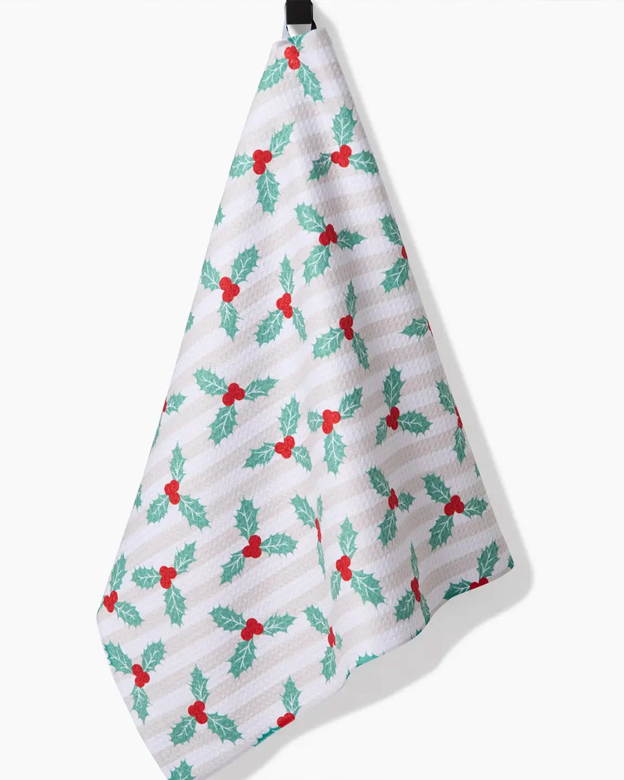 hanging white and tan vertical stripe with mistletoe print