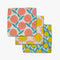 set of three dish cloths: pink flower, sun, and lemon print