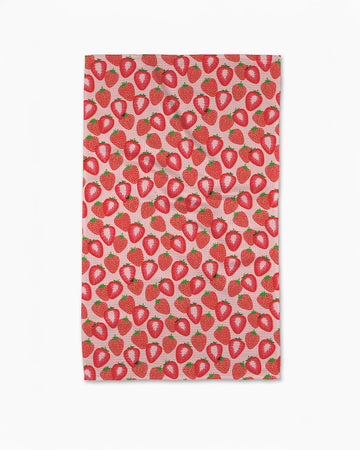 pink tea towel with all over clustered strawberry print