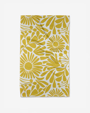 white tea towel with golden yellow floral print