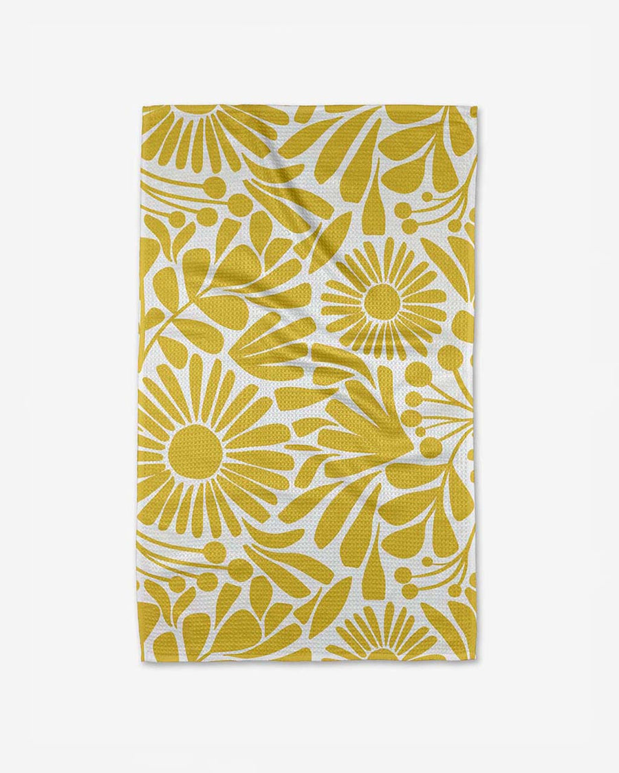 white tea towel with golden yellow floral print