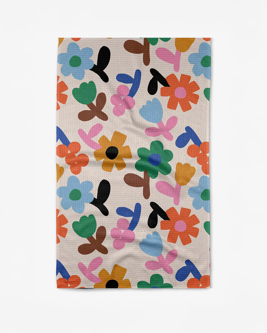 cream tea towel with colorful abstract florals