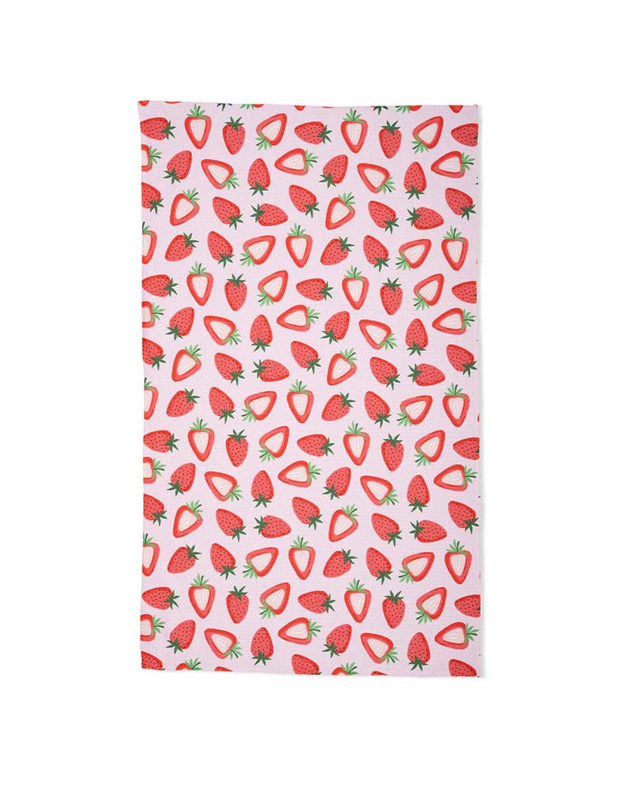 pink tea towel with all over strawberry print