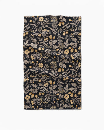 black tea towel with golden floral print