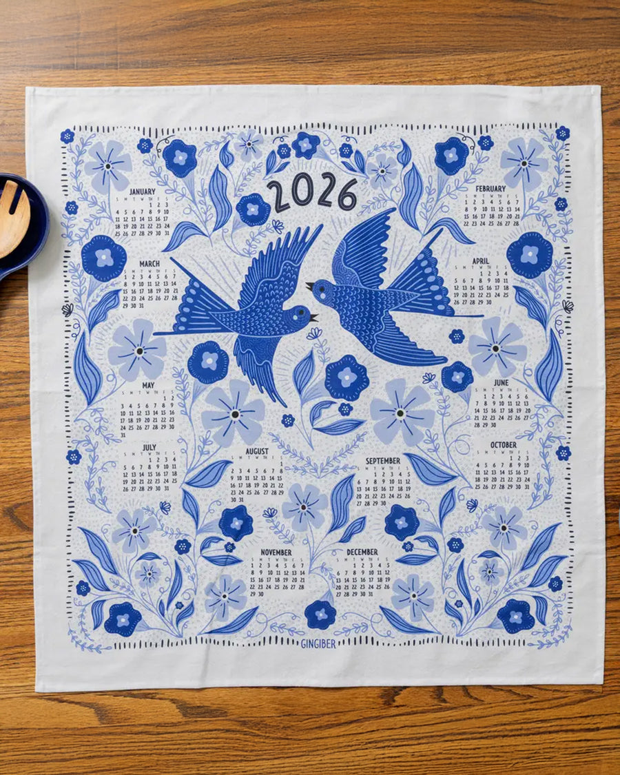 white tea towel with blue sparrow birds and 2026 'calendar' by month