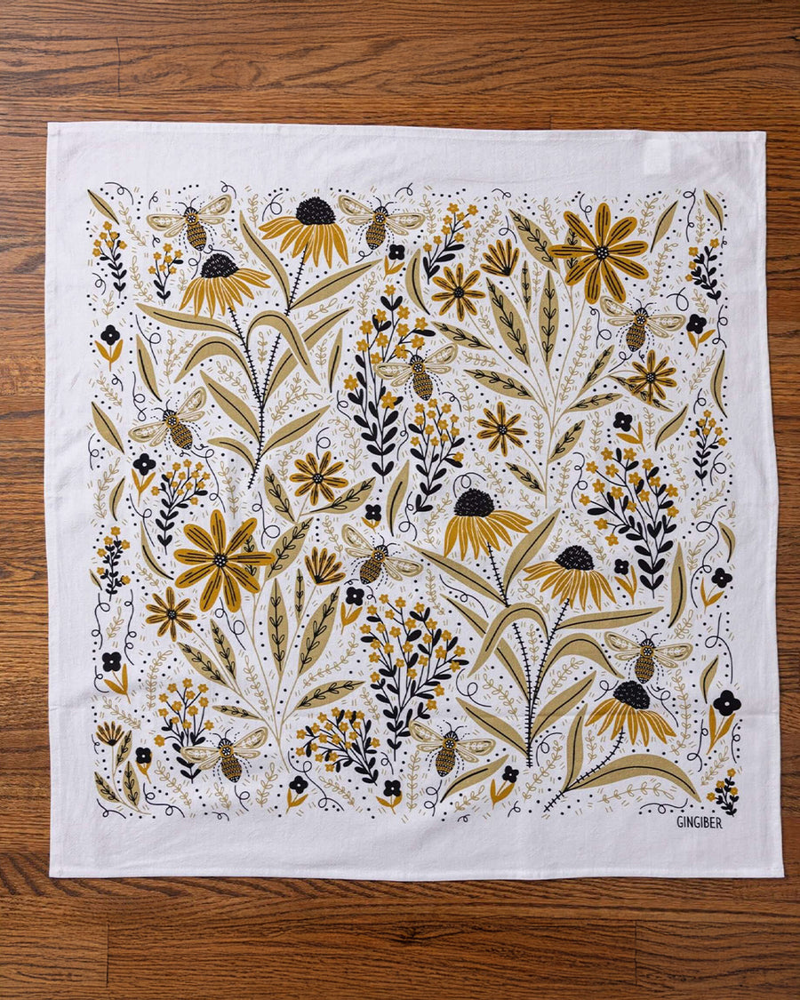 white tea towel with goldenrod floral and bee print