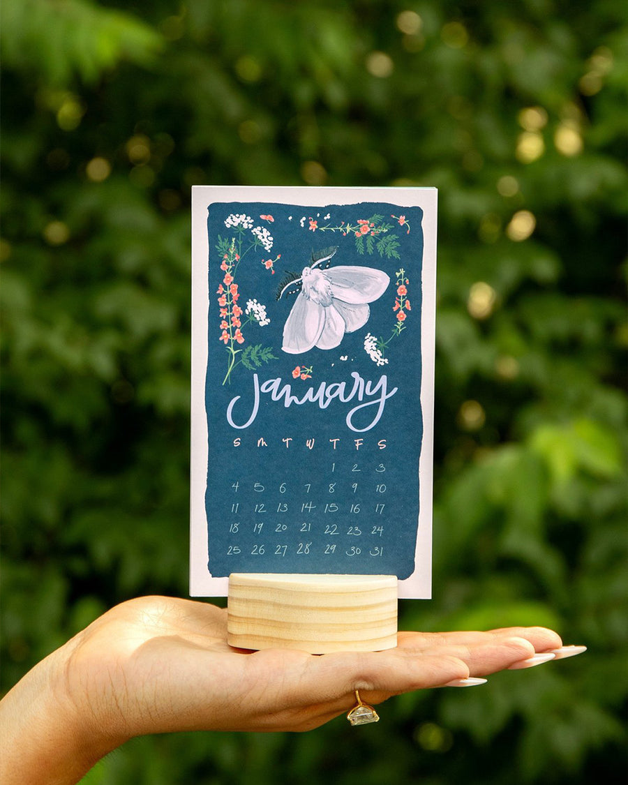 model holding colorful january butterfly desk calendar with wooden base