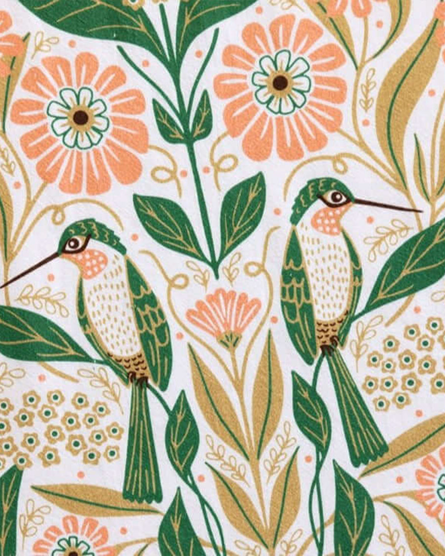 up close of hummingbird and floral abstract tea towel