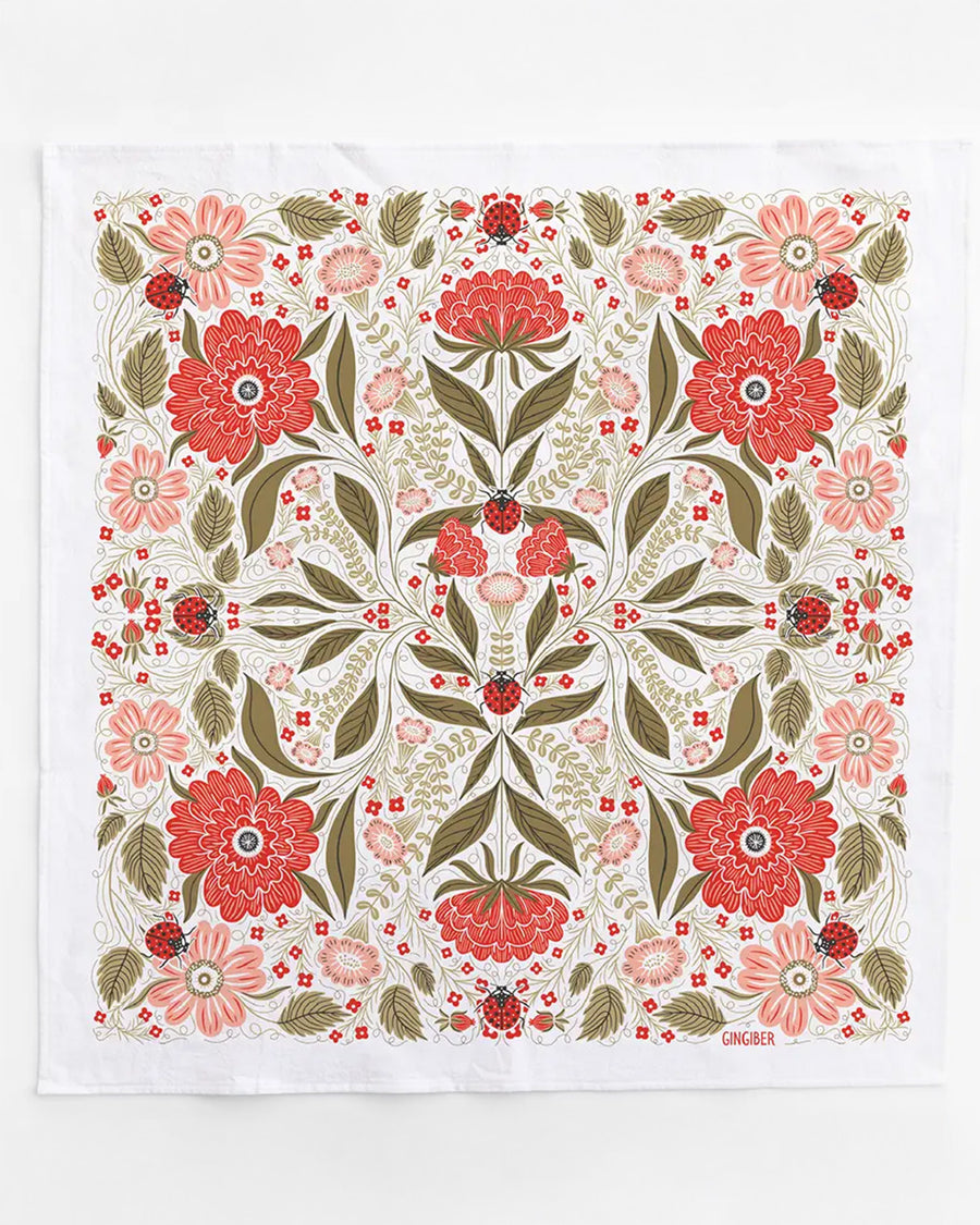 ladybug and red floral abstract tea towel