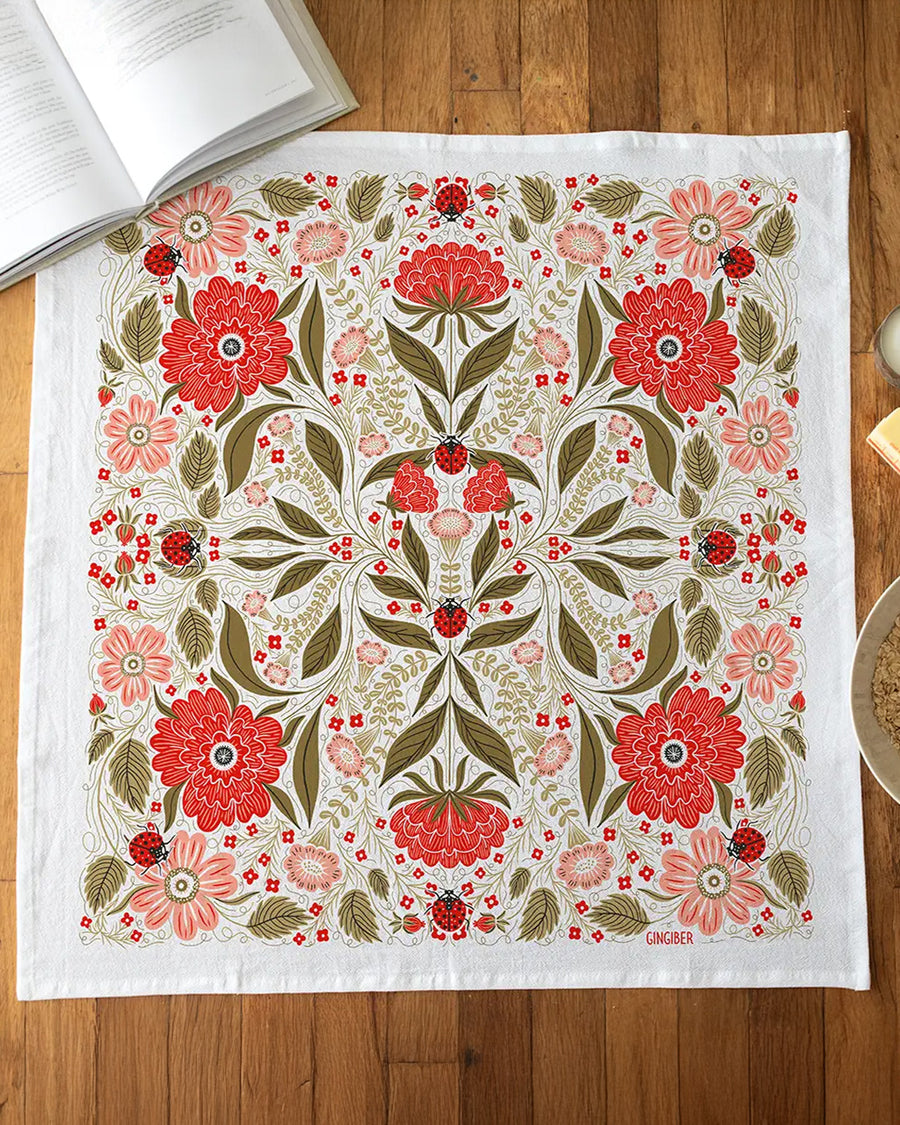ladybug and red floral abstract tea towel
