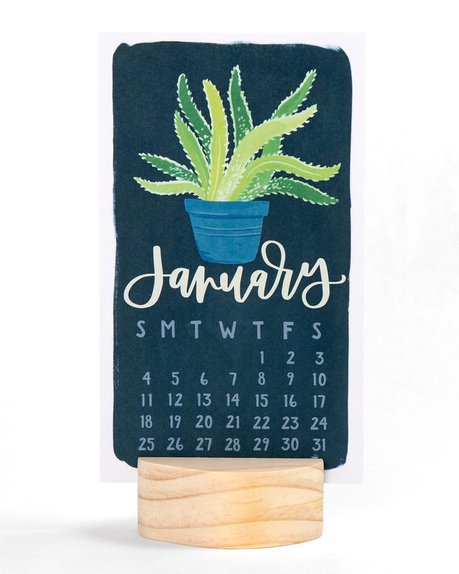 colorful january potted plants desk calendar with wooden base