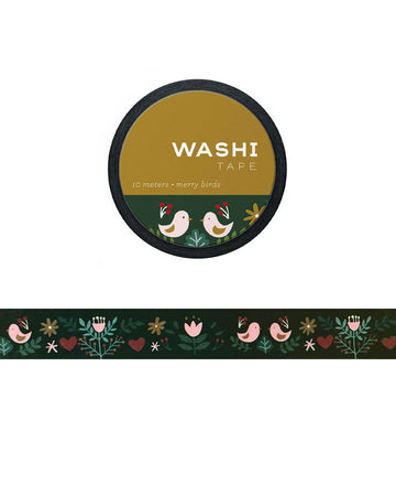 festive washi tape with pink 'merry' birds and flowers