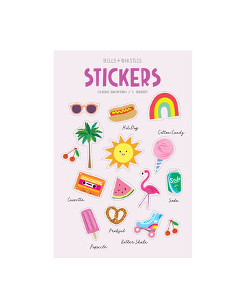 sticker sheet with summer fun items: sunglasses, flamingo, soda, roller skates, popsicles, and palm trees