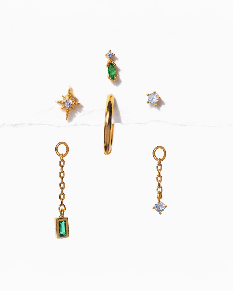 set of 5 gold mismatched earrings  with clear crystal and emerald stone accents