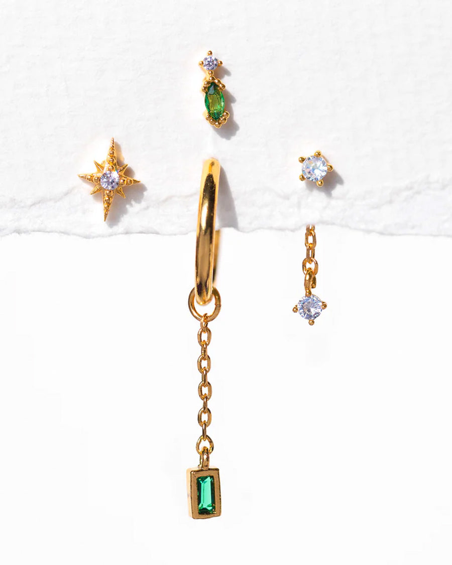 set of 5 gold mismatched earrings  with clear crystal and emerald stone accents