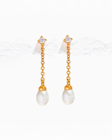 gold dangle earrings with crystal stud and pearl drop