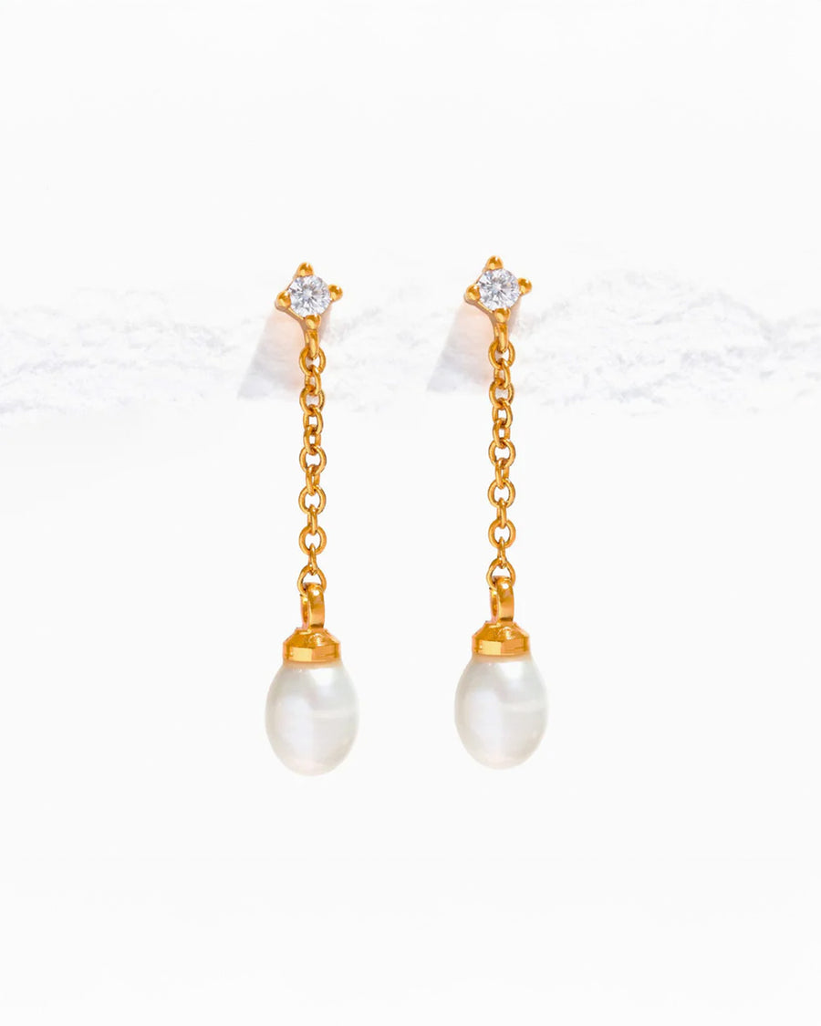 gold dangle earrings with crystal stud and pearl drop