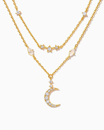 gold double layered crystal moon and star necklace
