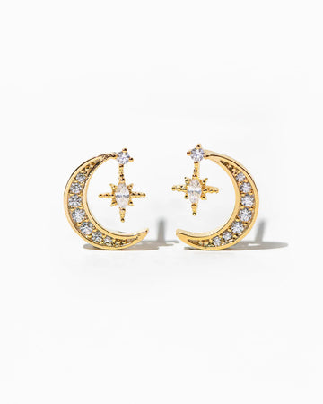 gold crystal earrings with moon and dangle star charm