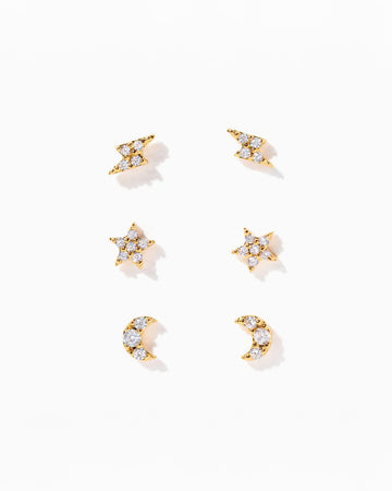 set of three crystal galaxy earrings: lighting bolts, stars, and moons