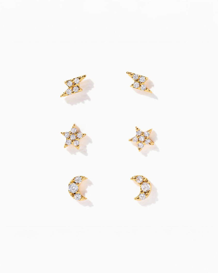 set of three crystal galaxy earrings: lighting bolts, stars, and moons