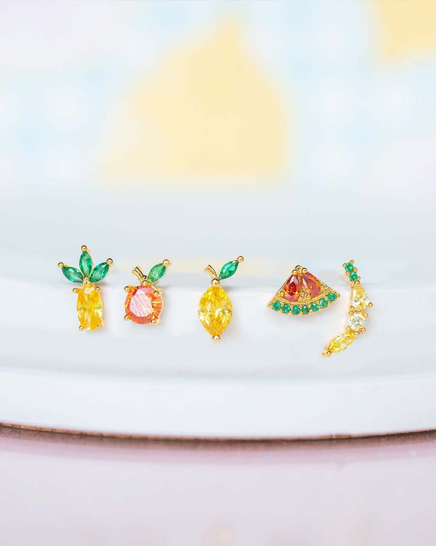 set of five fruit shaped stud earrings