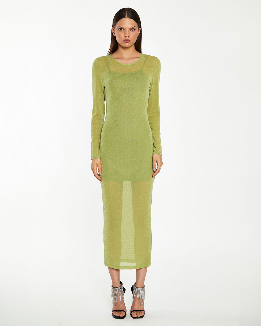 model wearing glitter lime green mesh midi dress with long sleeves and slip