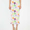 model wearing white mesh midi skirt with colorful abstract flowers