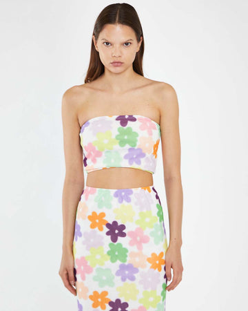 model wearing white mesh cropped tube top with colorful abstract flowers