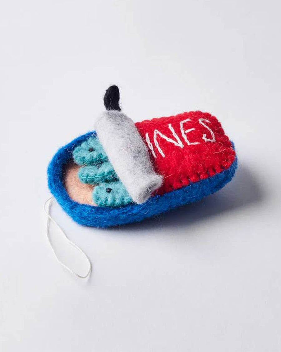side view of canned sardines felt wool ornament