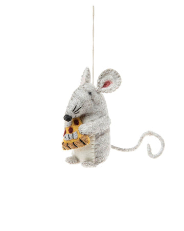 grey rat holding pizza felt ornament