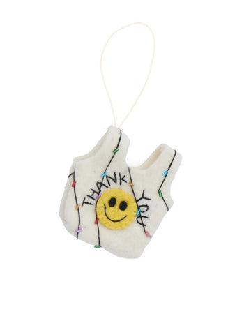wool white plastic bag ornament with smiley face and 'THANK YOU' across the front
